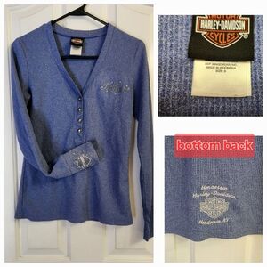 women's long-sleeved, V-neck thermal shirt by Harley-Davidson. The shirt is blue
